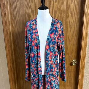 LuLaRoe Floral Open Front Cardigan in Blue and Red